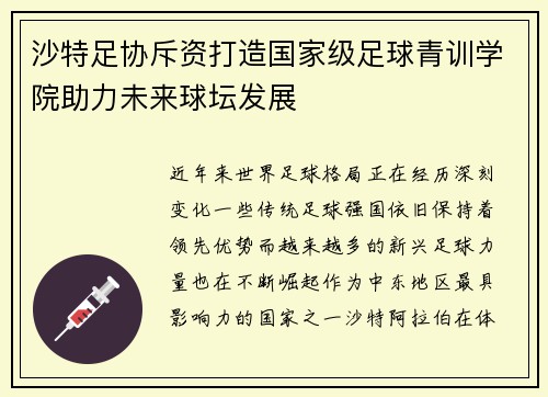 沙特足协斥资打造国家级足球青训学院助力未来球坛发展