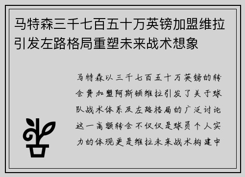 马特森三千七百五十万英镑加盟维拉引发左路格局重塑未来战术想象