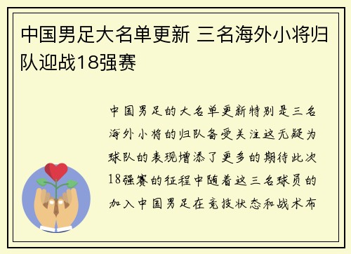 中国男足大名单更新 三名海外小将归队迎战18强赛