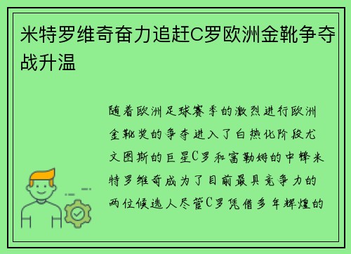 米特罗维奇奋力追赶C罗欧洲金靴争夺战升温